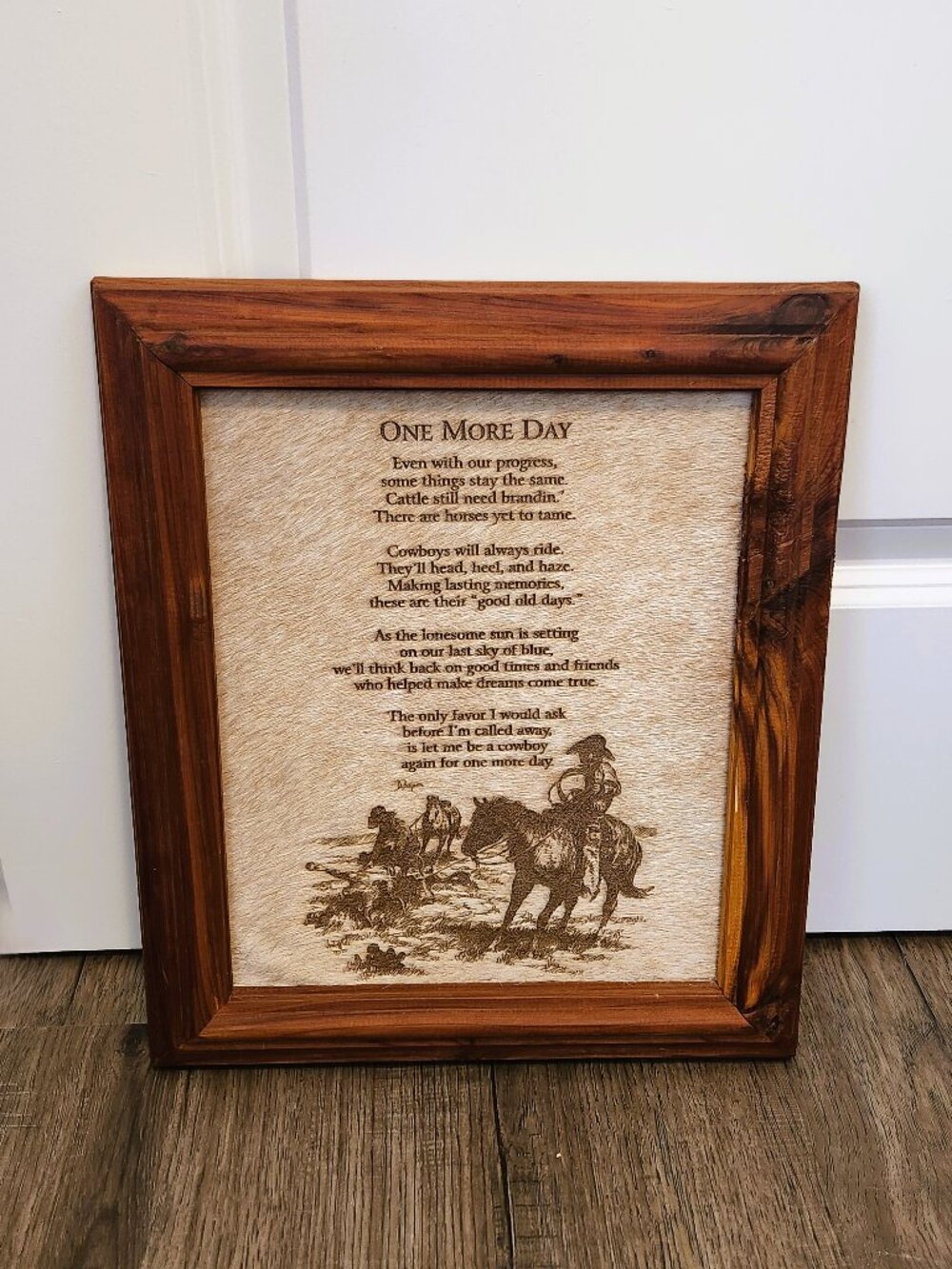 Old West Cedarmill One More Day Don Bishop Cowboy Cowhide Art Cedar 11x14